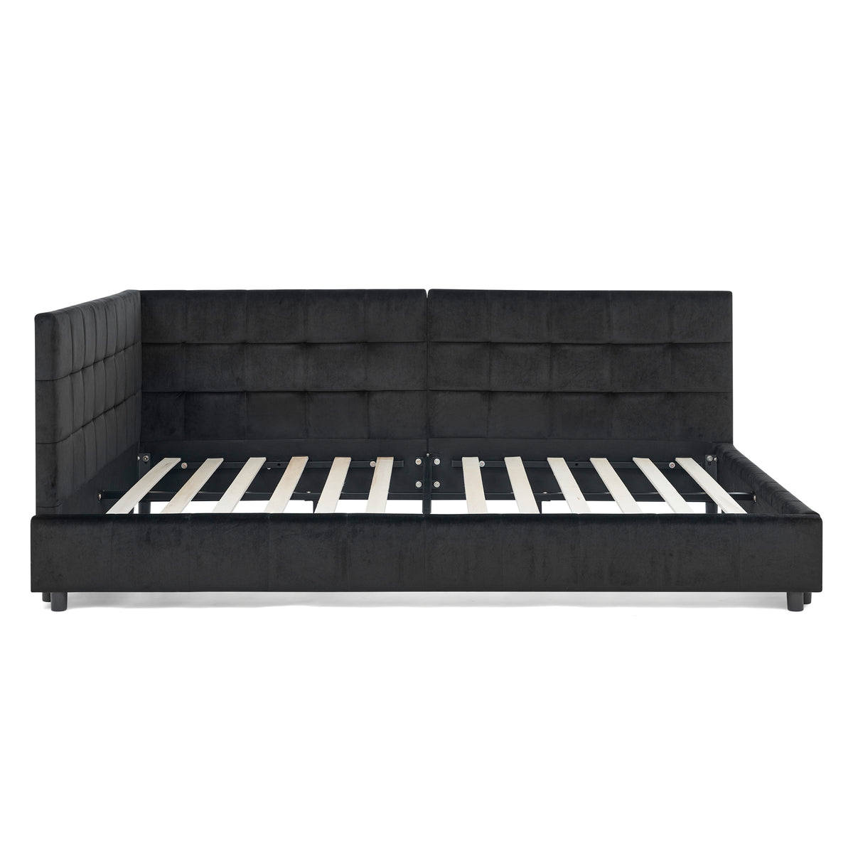 Full-size black Atelier Velvet Tufted Bed Frame by Anthony & Home with plush upholstered headboard and tufted detailing.