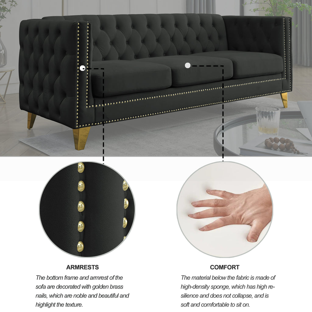 Black Atelier Velvet Tufted 3-Seater Sofa with metal legs by Anthony & Home, showcasing plush velvet upholstery and modern design.