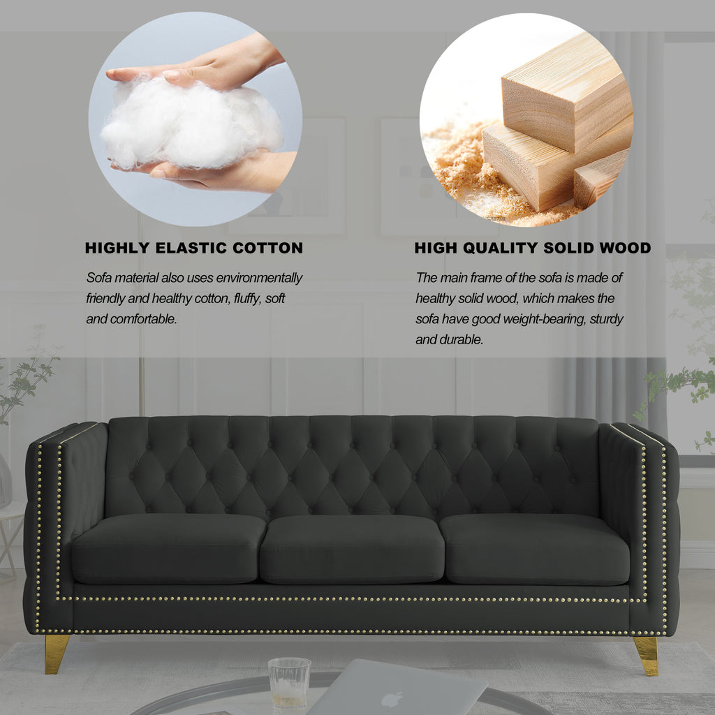 Black Atelier Velvet Tufted 3-Seater Sofa by Anthony & Home with metal legs, showcasing plush velvet upholstery and tufted design.
