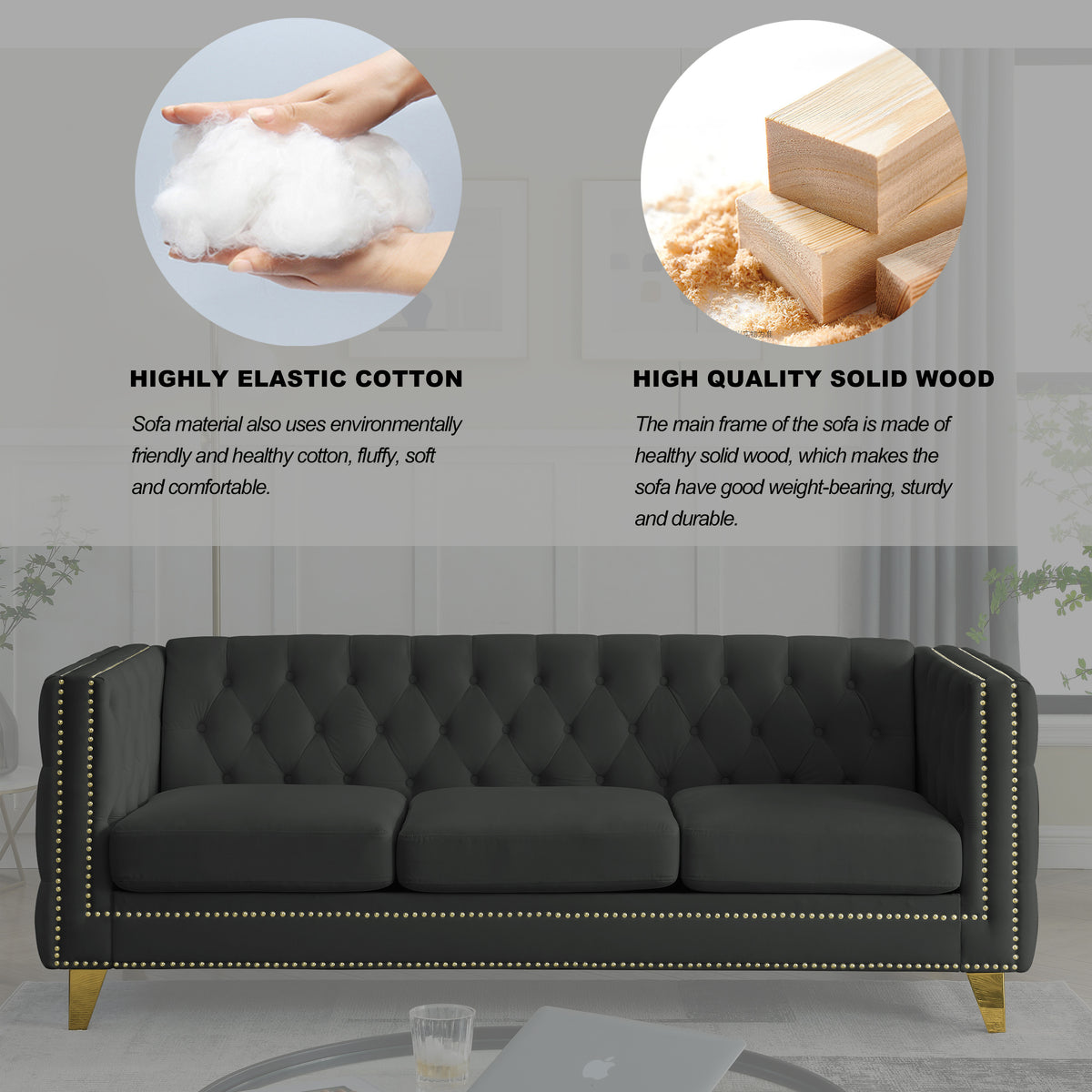 Black Atelier Velvet Tufted 3-Seater Sofa by Anthony & Home with metal legs, showcasing plush velvet upholstery and tufted design.