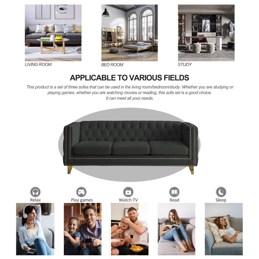Black Atelier Velvet Tufted 3-Seater Sofa with metal legs by Anthony & Home, showing plush velvet upholstery and modern design.