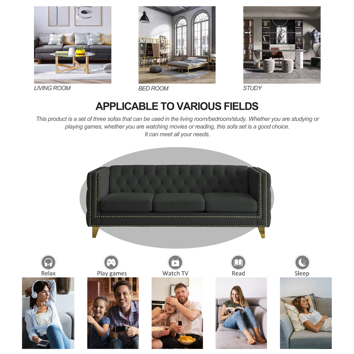 Black Atelier Velvet Tufted 3-Seater Sofa with metal legs by Anthony & Home, showing plush velvet upholstery and modern design.
