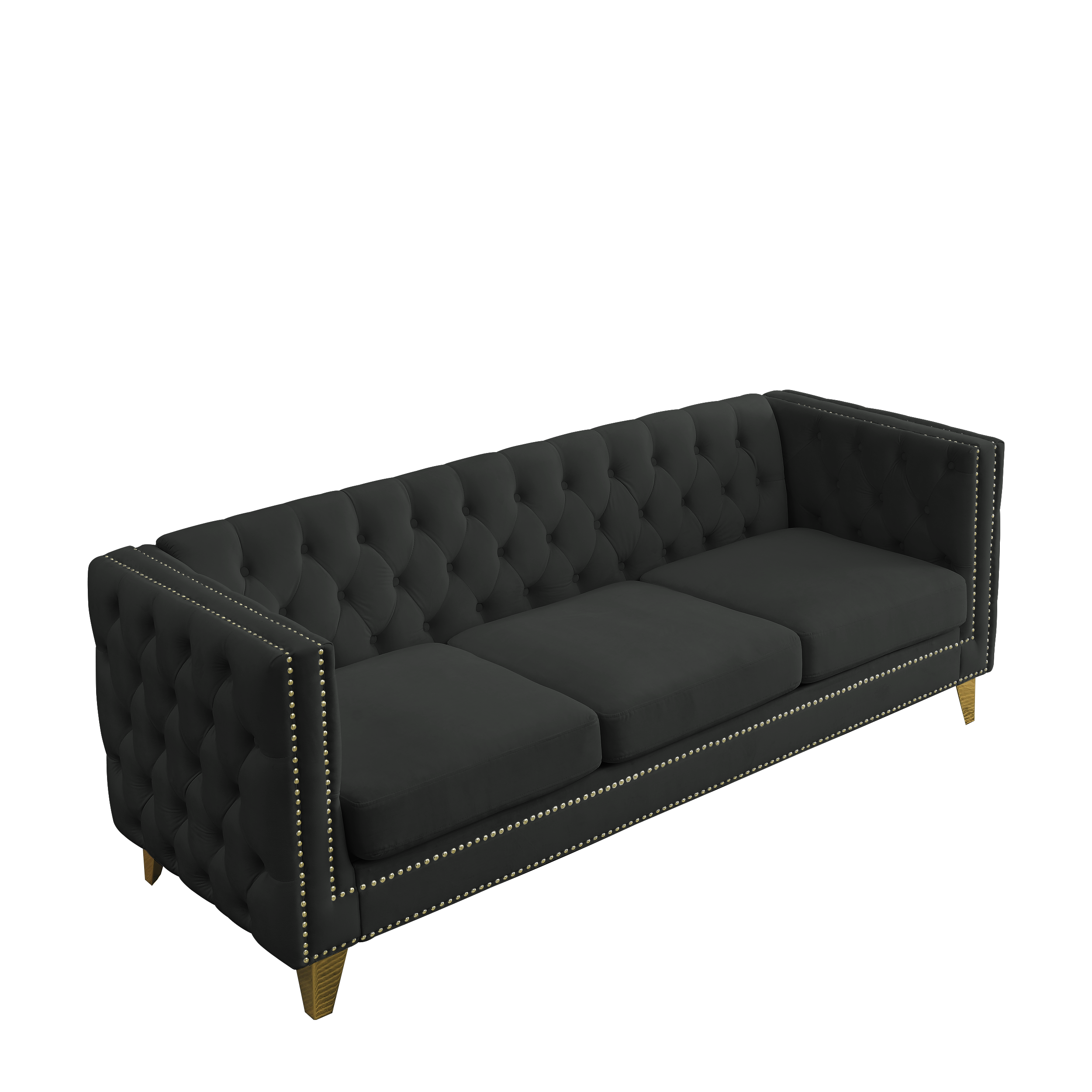Black velvet tufted 3-seater sofa with metal legs from Anthony & Home, stylish and comfortable living room furniture.