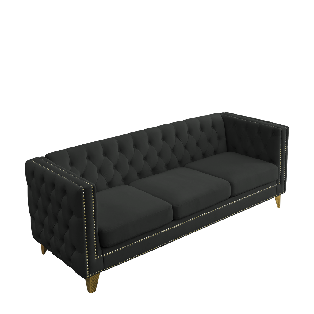 Black Atelier Velvet Tufted 3-Seater Sofa with metal legs by Anthony & Home, showcasing plush velvet upholstery and modern design.