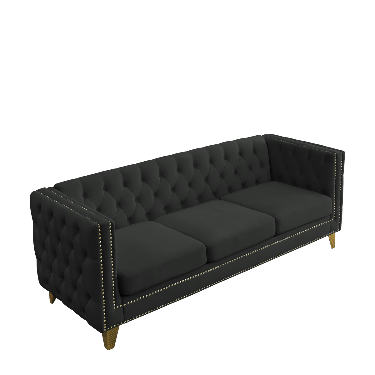 Black Atelier Velvet Tufted 3-Seater Sofa with metal legs by Anthony & Home, showcasing plush velvet upholstery and modern design.