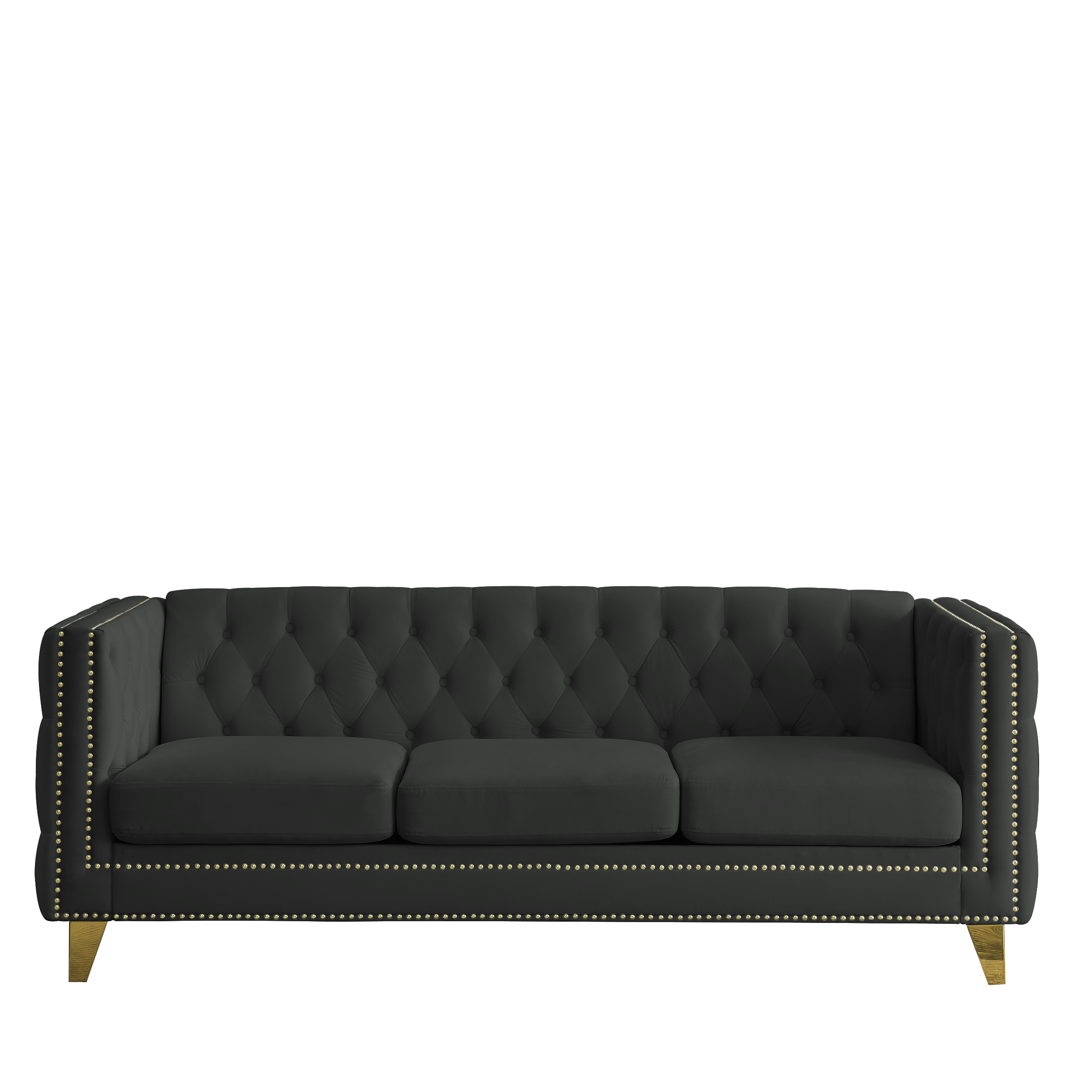 Black Atelier Velvet Tufted 3-Seater Sofa with metal legs by Anthony & Home, showcasing plush velvet upholstery and modern design.