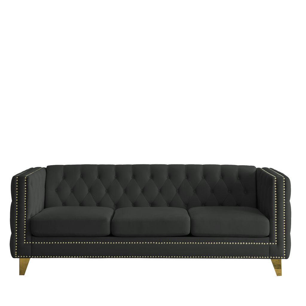 Black Atelier Velvet Tufted 3-Seater Sofa with metal legs by Anthony & Home, showcasing plush velvet upholstery and elegant design.