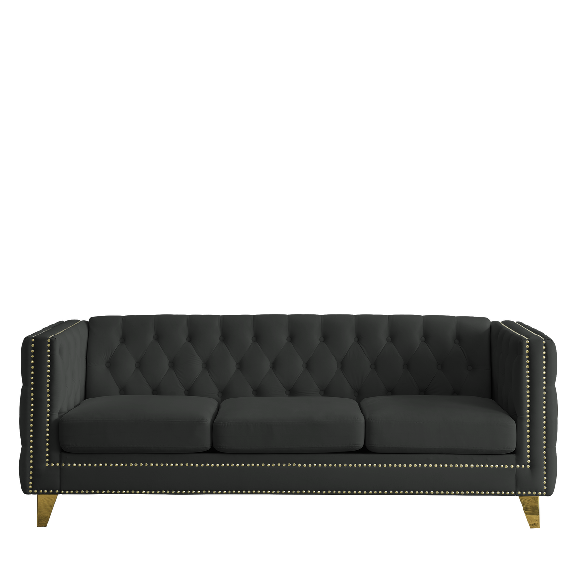 Black Atelier Velvet Tufted 3-Seater Sofa with metal legs by Anthony & Home, showcasing plush velvet upholstery and elegant design.