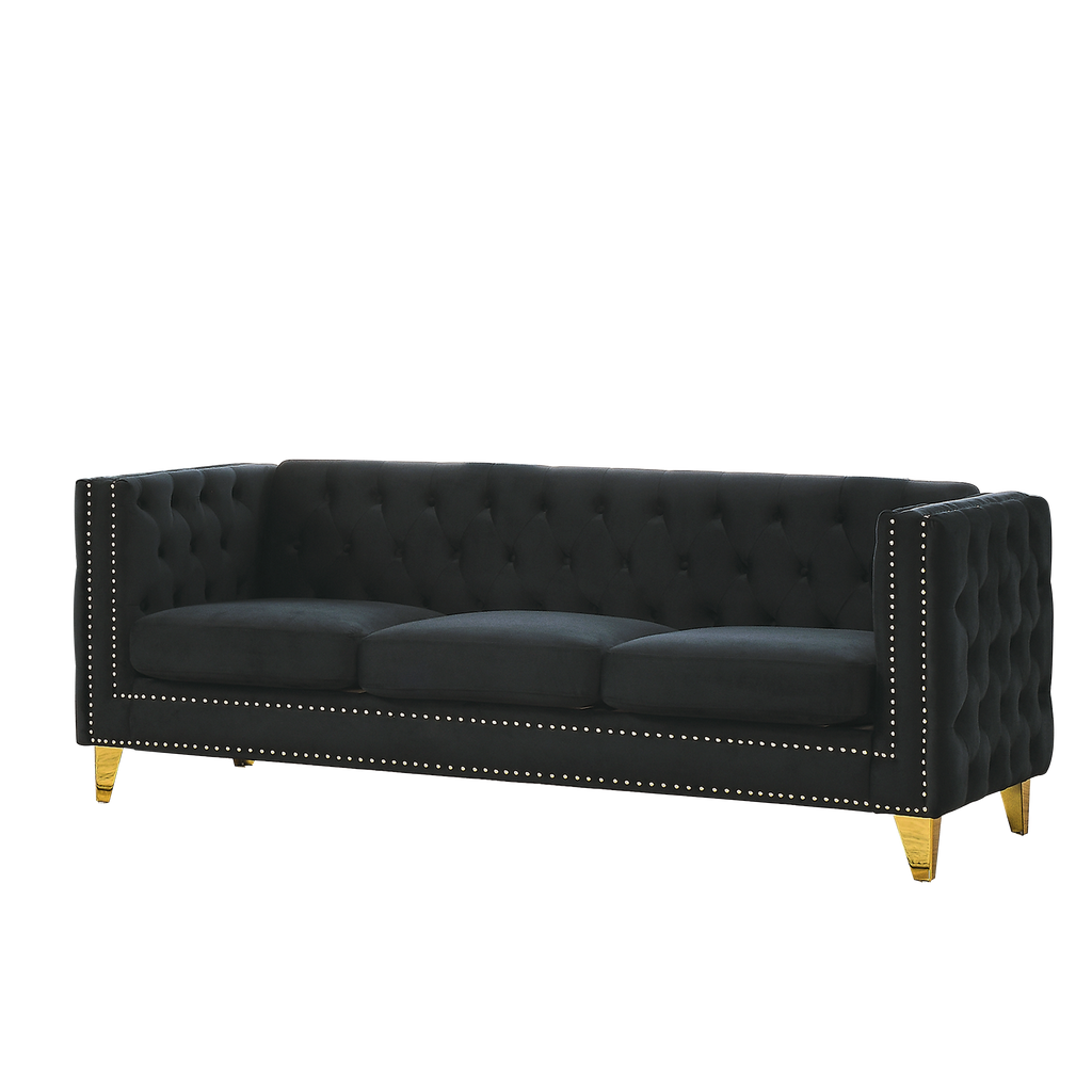 Black Atelier Velvet Tufted 3-Seater Sofa with metal legs by Anthony & Home, showcasing plush tufted upholstery and modern design.