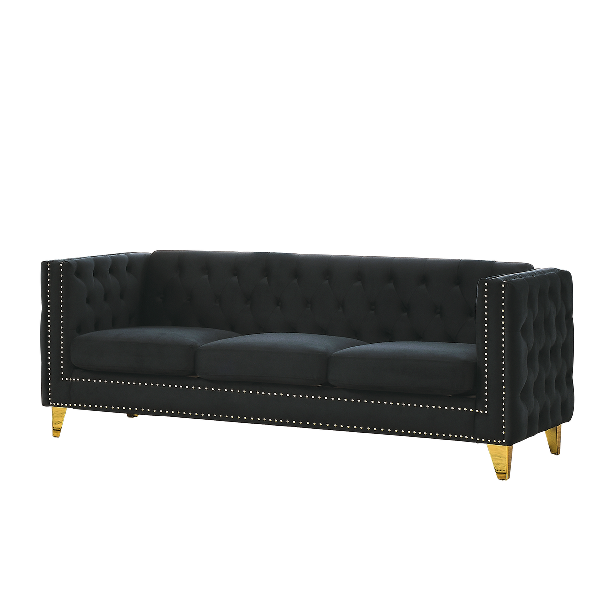 Black Atelier Velvet Tufted 3-Seater Sofa with metal legs by Anthony & Home, showcasing plush tufted upholstery and modern design.