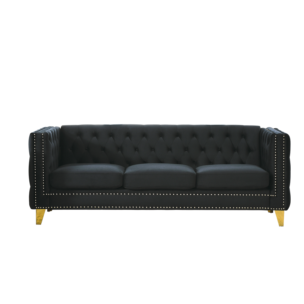 Black Atelier Velvet Tufted 3-Seater Sofa with metal legs by Anthony & Home, showcasing plush velvet upholstery and elegant tufting.