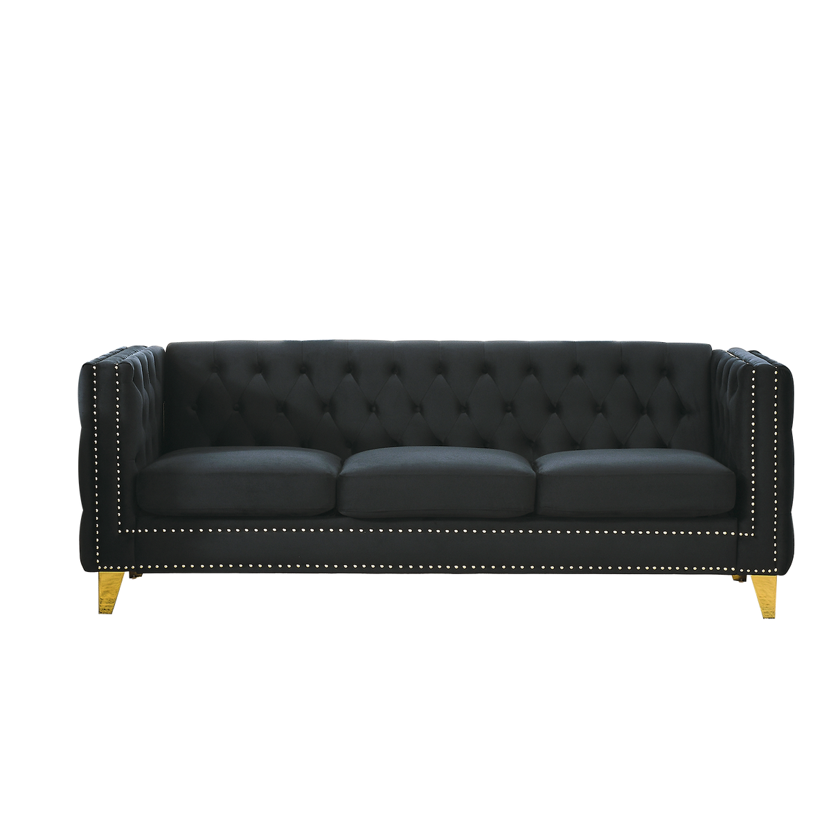 Black Atelier Velvet Tufted 3-Seater Sofa with metal legs by Anthony & Home, showcasing plush velvet upholstery and elegant tufting.