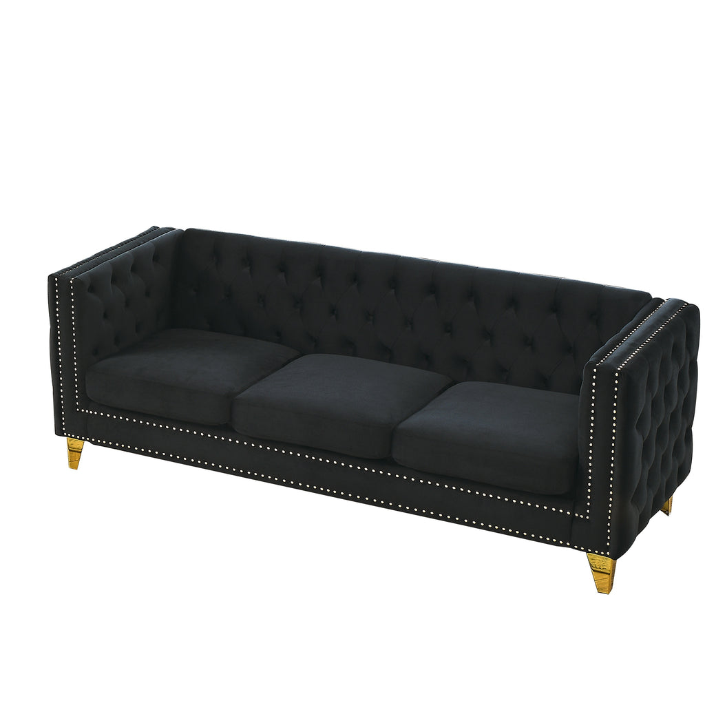 Black Atelier Velvet Tufted 3-Seater Sofa with metal legs by Anthony & Home, showcasing plush velvet upholstery and modern design.