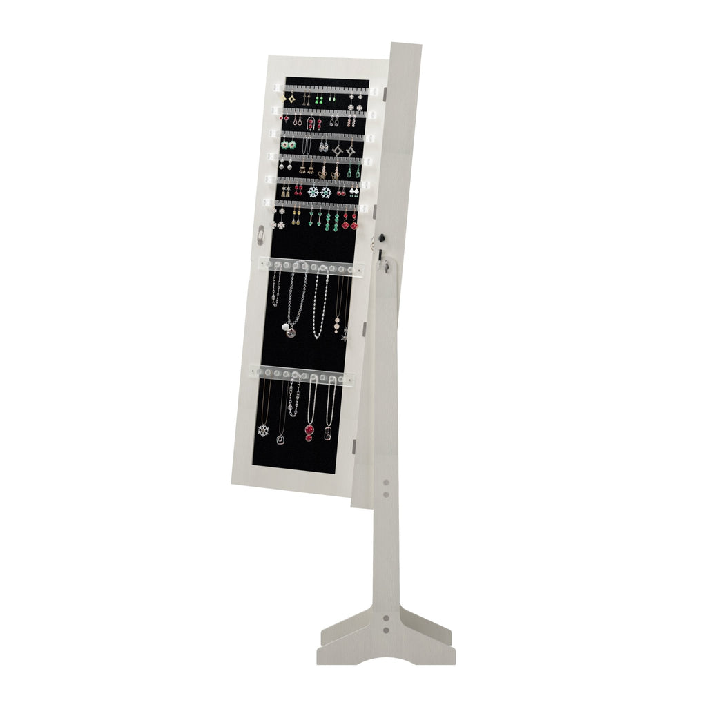 Anthony & Home Atelier white jewelry armoire with full-length glass mirror, lockable storage, and velvet-lined interior.