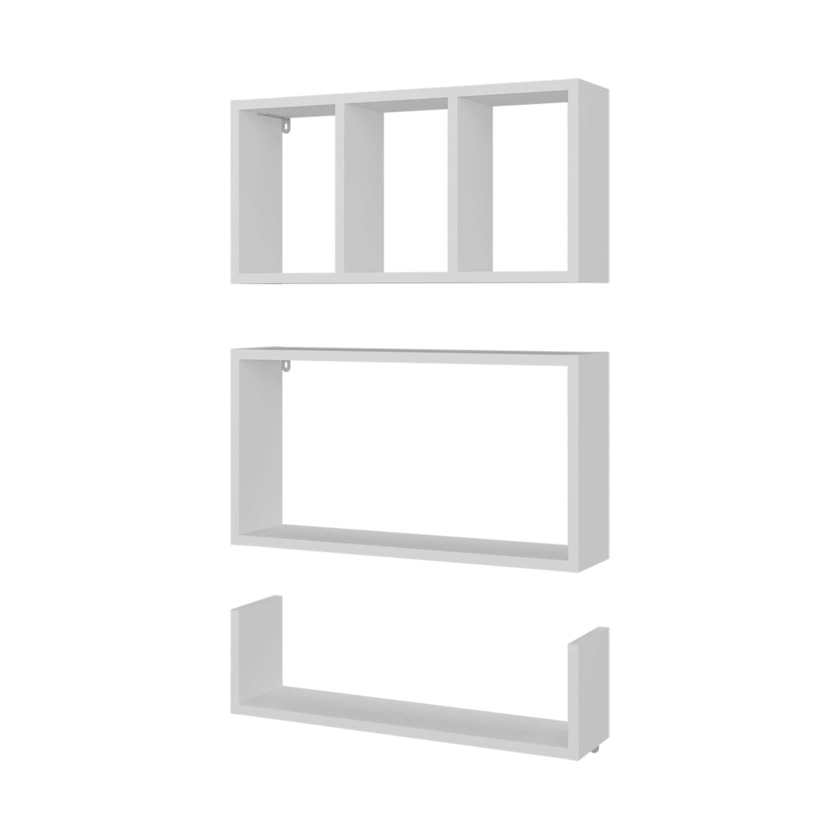 White melamine five-shelf wall shelves by Anthony & Home, neatly arranged on a wall for storage and display.