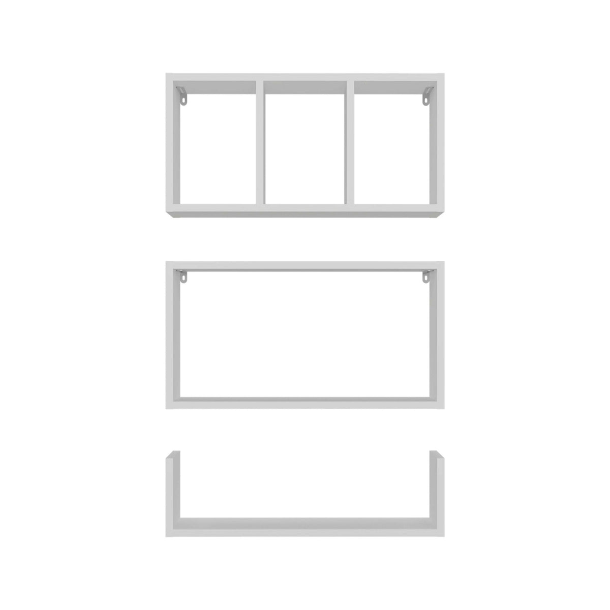 Anthony & Home Atelier white melamine five-shelf wall shelves mounted on a wall for storage and display.