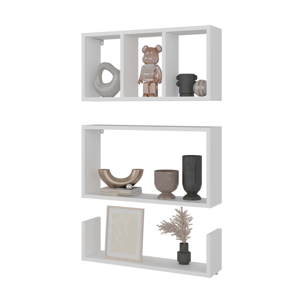 White melamine five-shelf wall shelves from Anthony & Home, mounted on a wall, showcasing versatile storage and display space.