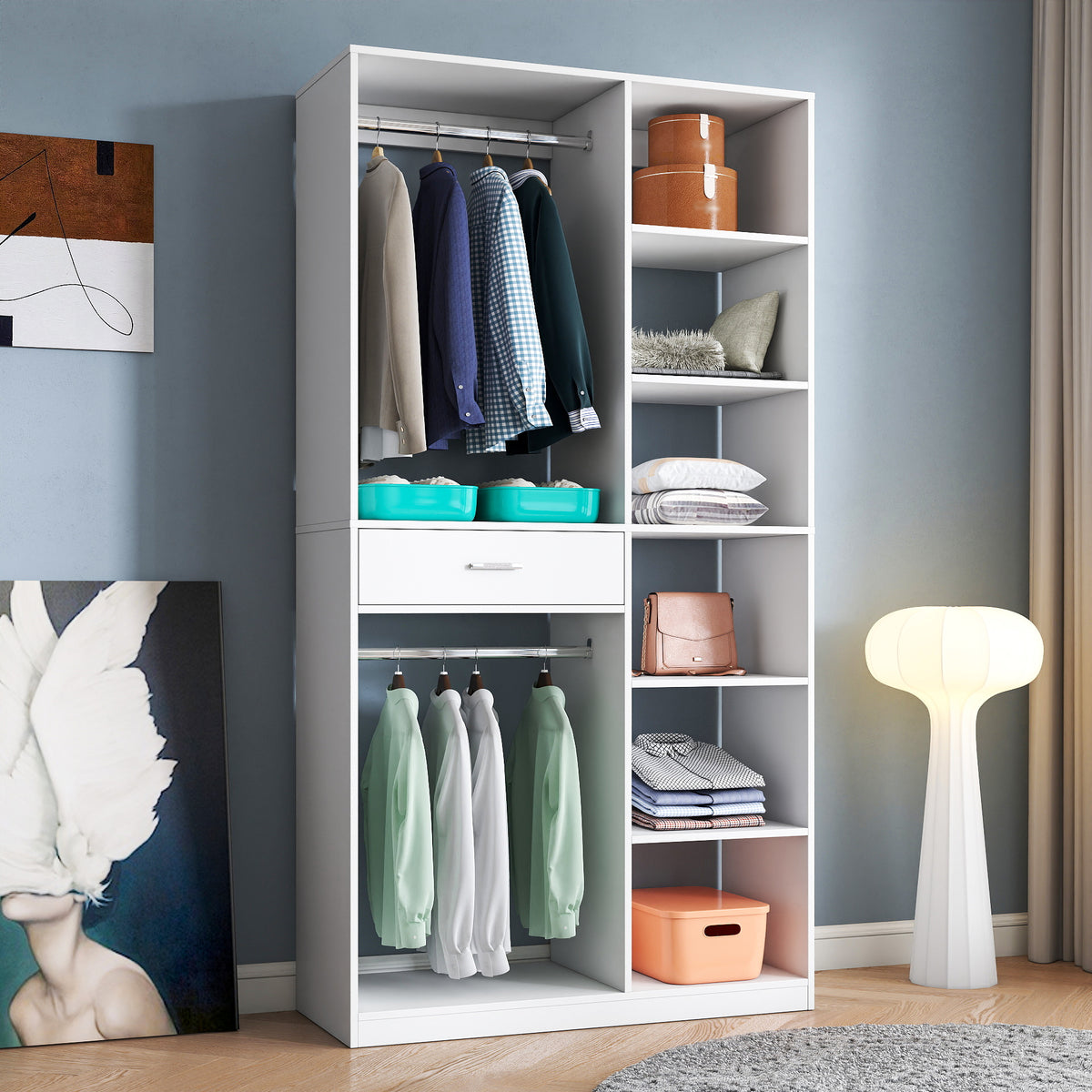 White wood wardrobe system by Anthony & Home featuring multiple doors and storage compartments in a sleek, modern design.