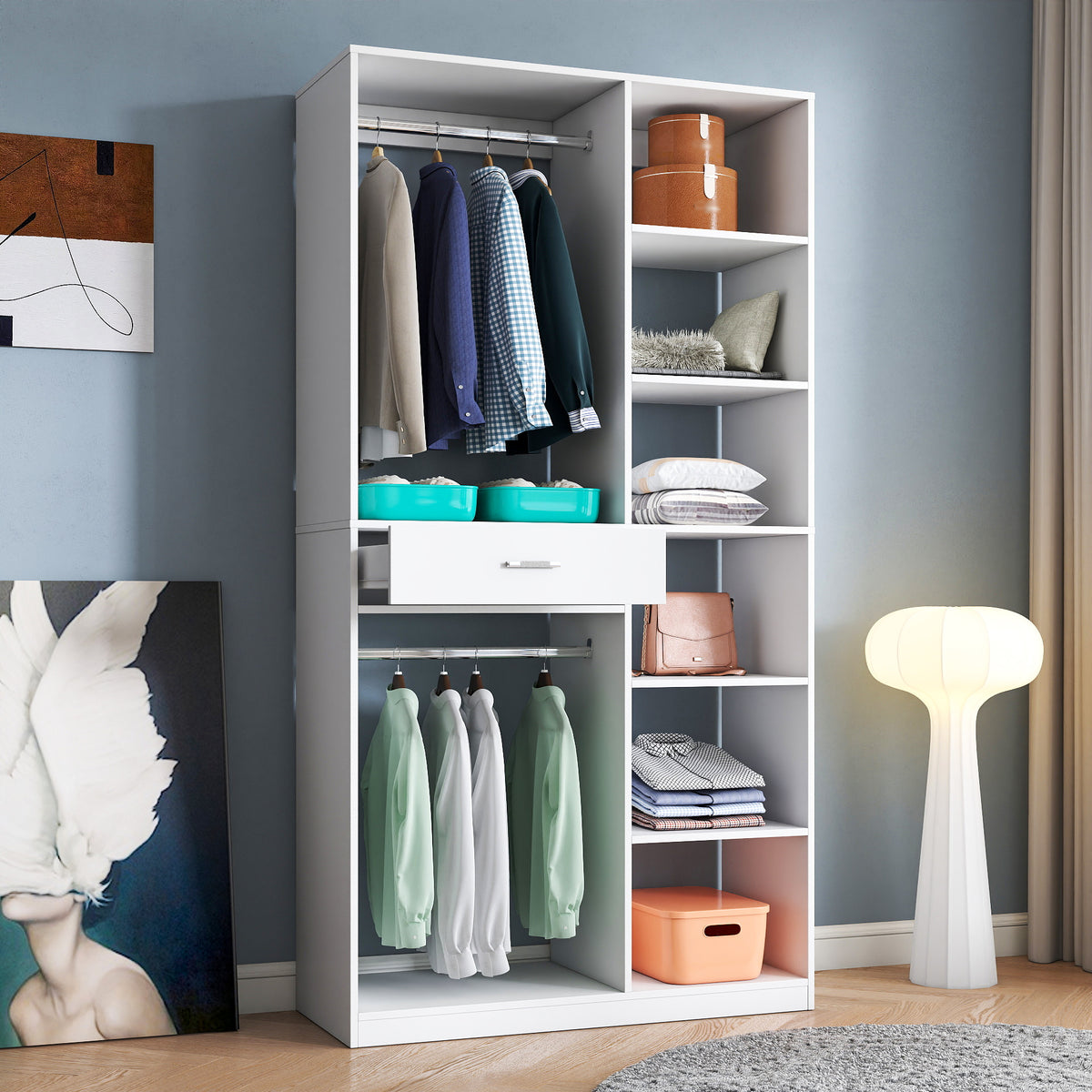 Atelier White Wood Wardrobe System by Anthony & Home showing sleek white wooden wardrobe with multiple doors and storage compartments.
