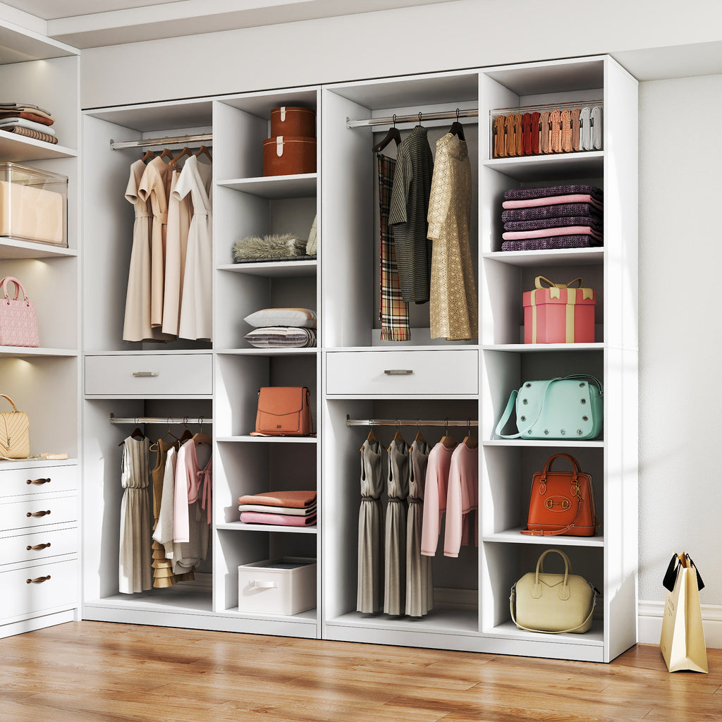 Anthony & Home Atelier white wood wardrobe system with multiple doors and storage compartments, modern bedroom furniture.