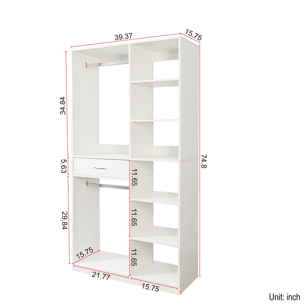 Anthony & Home Atelier white wood wardrobe system with open shelving and hanging space, modern bedroom storage solution.