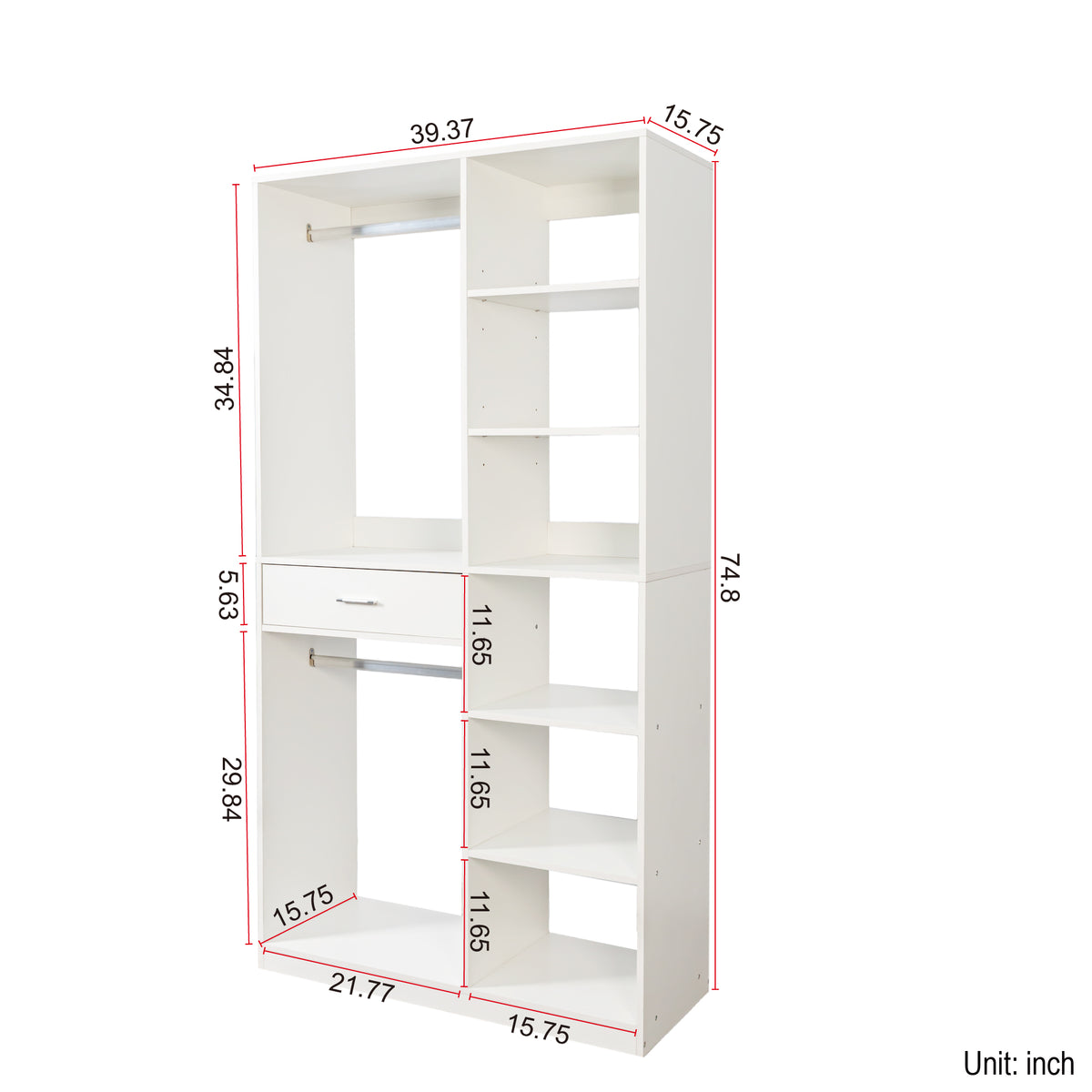 Anthony & Home Atelier white wood wardrobe system with open shelving and hanging space, modern bedroom storage solution.