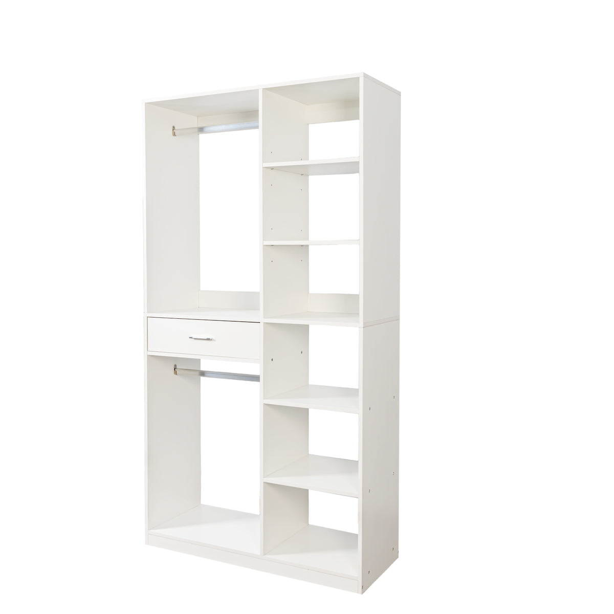 White wood wardrobe system from Anthony & Home featuring multiple storage compartments and sleek design.