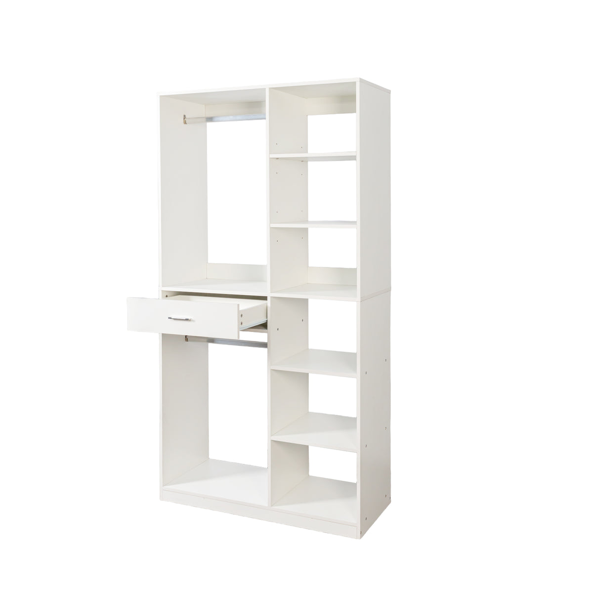 Anthony & Home Atelier white wood wardrobe system with open shelves and hanging space, modern bedroom storage solution