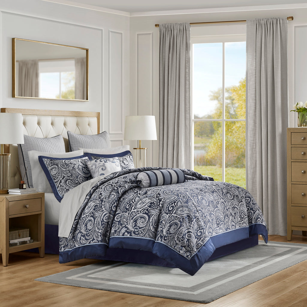 Anthony & Home Aubrey Jacquard Navy Comforter Set in king size with detailed textured pattern, limited edition bedding.