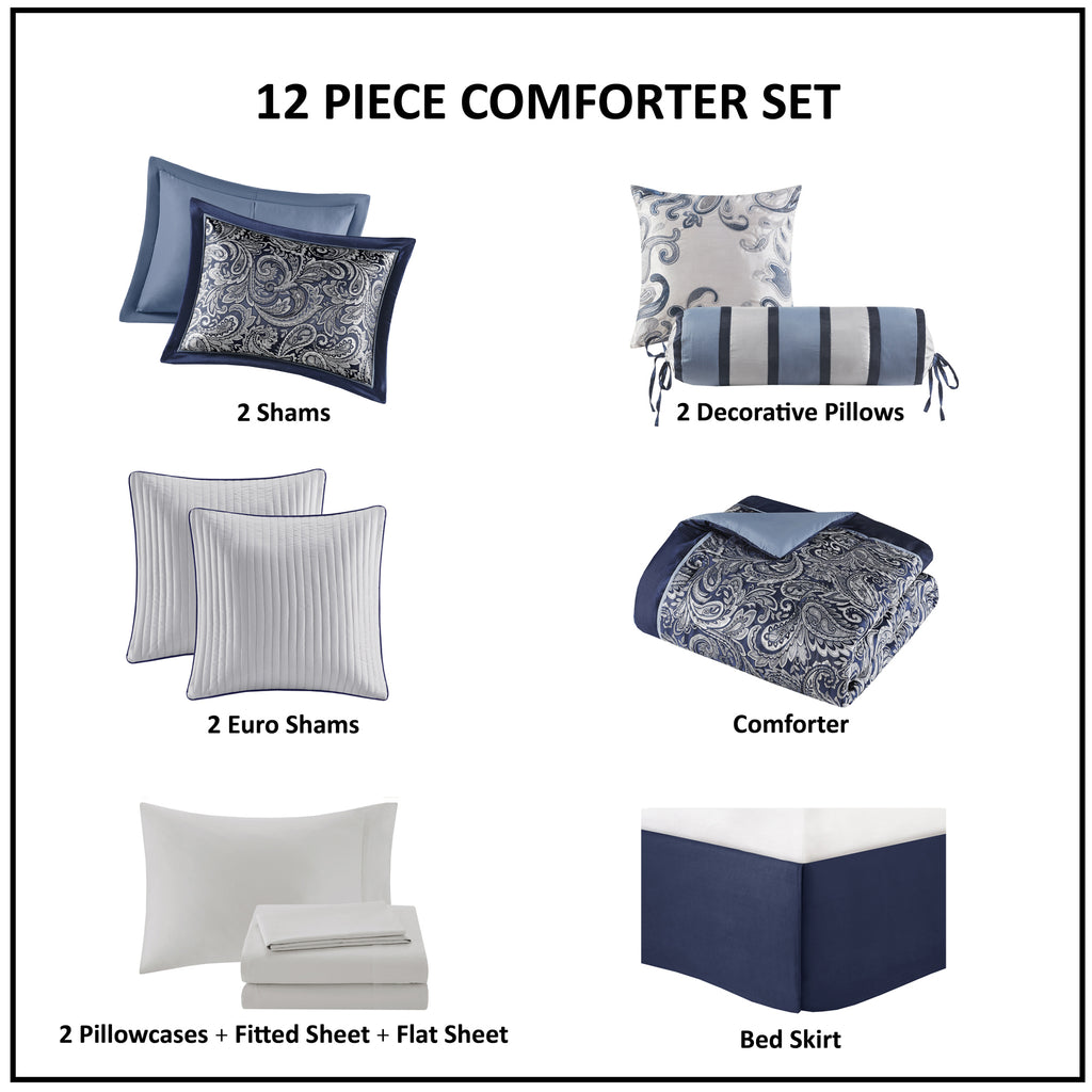 King Aubrey Jacquard Navy Comforter Set by Anthony & Home featuring detailed textured navy jacquard fabric.