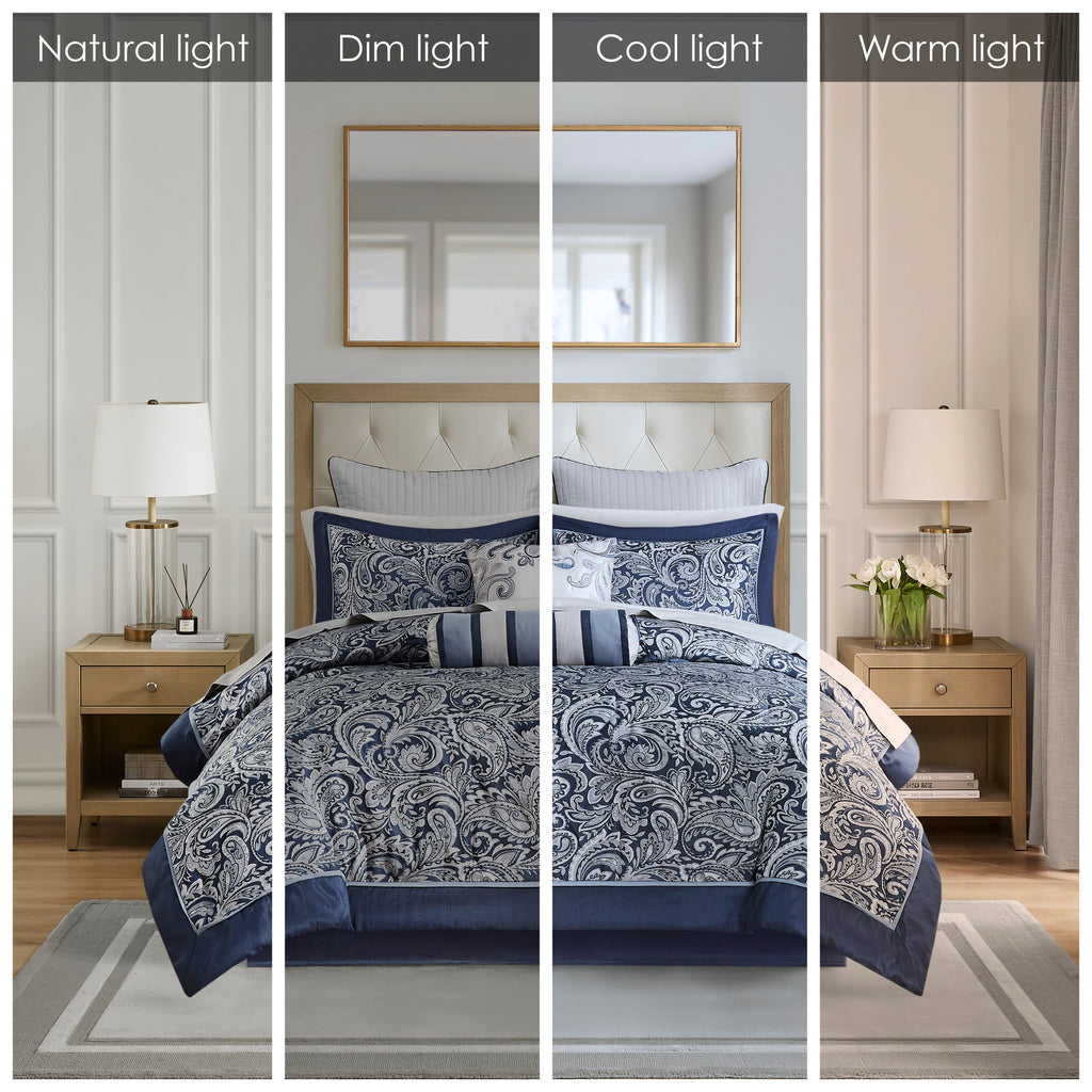 Navy Aubrey Jacquard King Comforter Set by Anthony & Home featuring intricate textured pattern and elegant design.