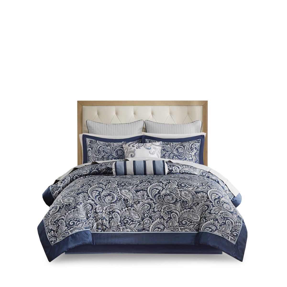 Anthony & Home Aubrey Jacquard Navy King Comforter Set with intricate woven pattern, plush and elegant bedding for a luxurious bedroom look.
