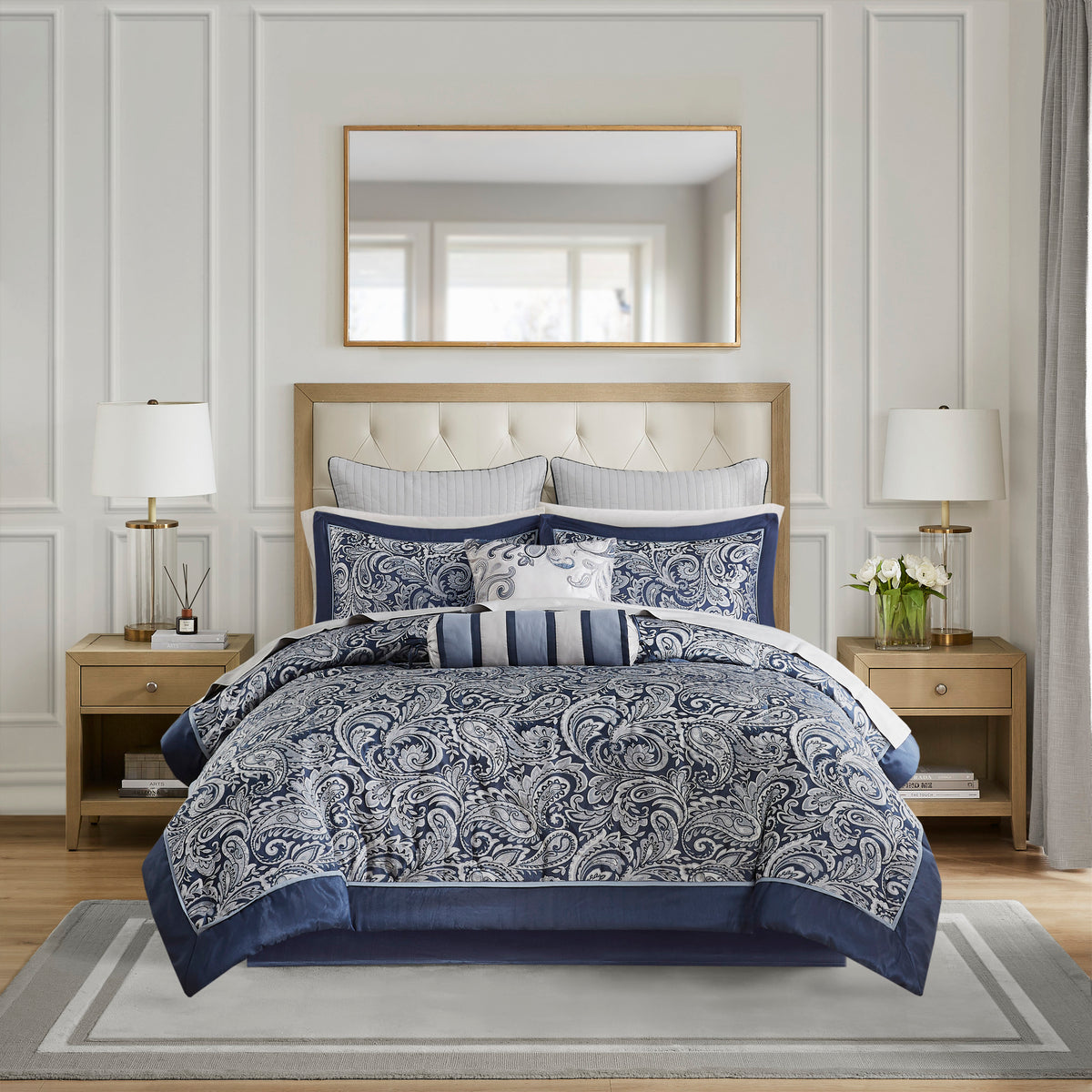 Anthony & Home Aubrey Jacquard Navy King Comforter Set with intricate woven pattern, plush fabric, and elegant design.