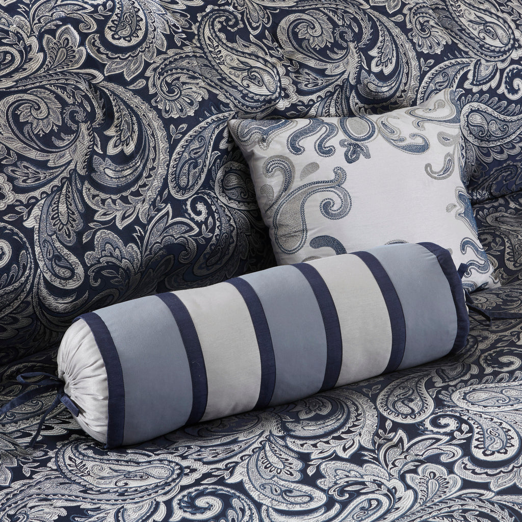 Anthony & Home Aubrey Jacquard Navy King Comforter Set with intricate woven pattern and plush fabric for luxurious bedding.