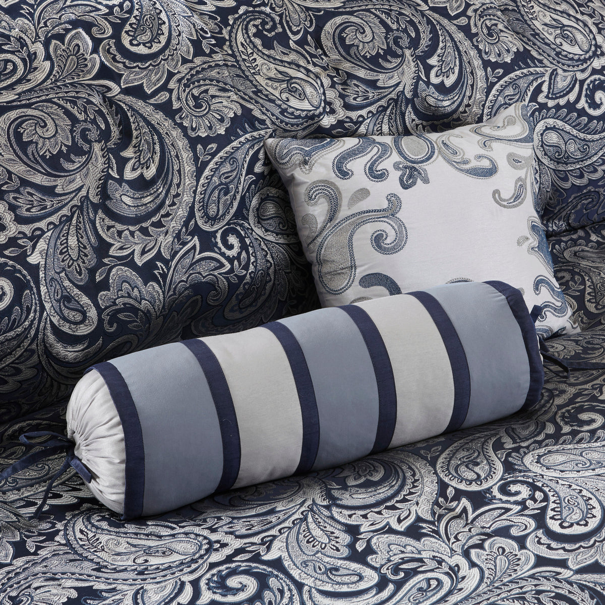 Anthony & Home Aubrey Jacquard Navy King Comforter Set with intricate woven pattern and plush fabric for luxurious bedding.