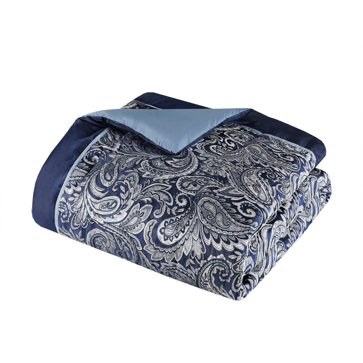 Navy Aubrey Jacquard comforter set in king size by Anthony & Home, featuring intricate woven pattern and plush fabric.