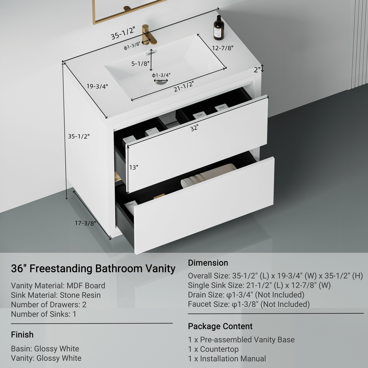 Anthony & Home bathroom vanity with stone resin countertop and integrated sink, modern design and sleek storage options.