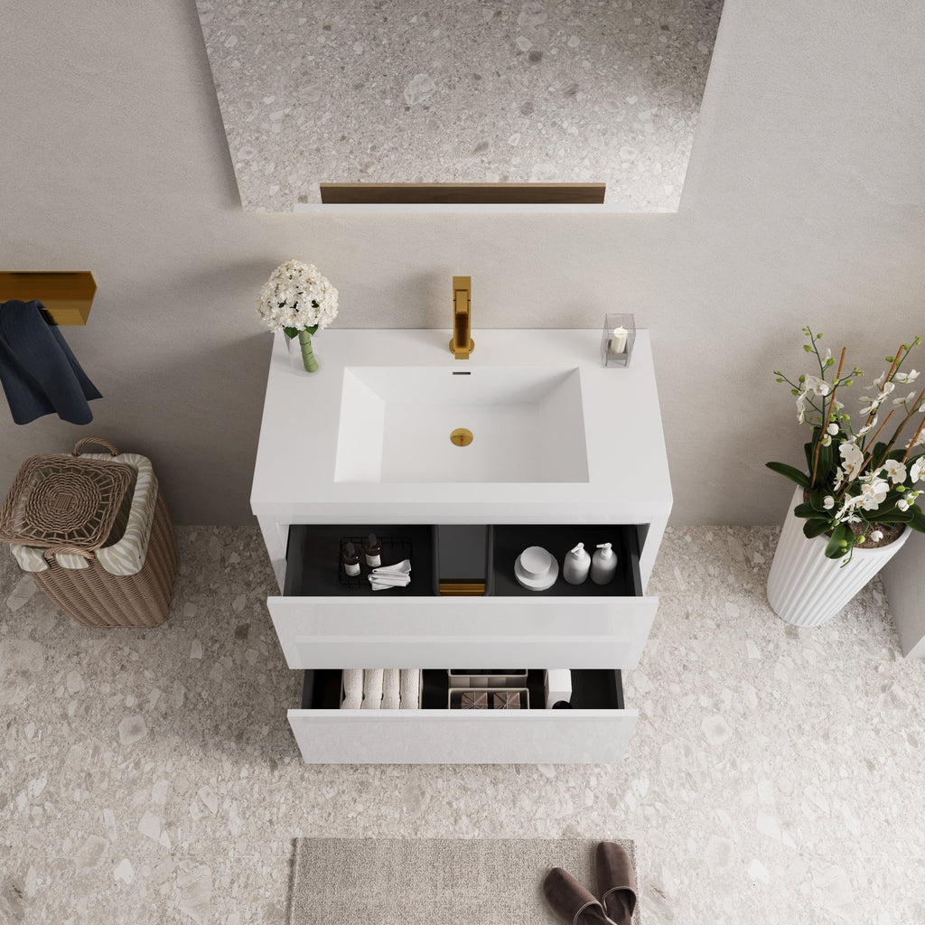Anthony & Home bathroom vanity with stone resin countertop and integrated sink, modern design with storage drawers.