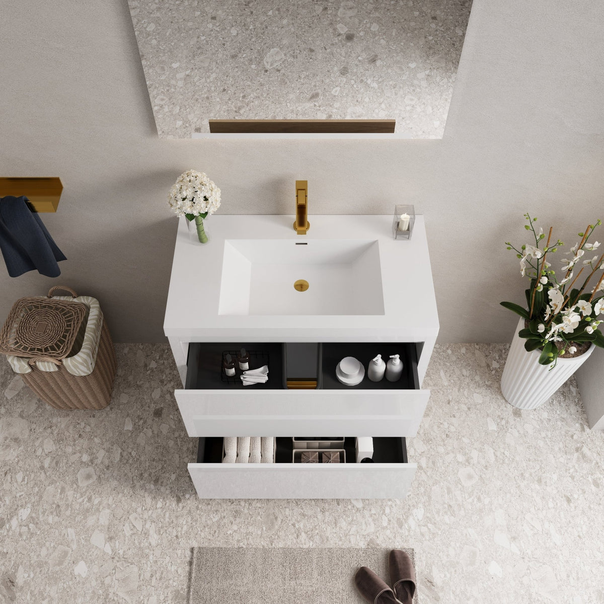 Anthony & Home bathroom vanity with stone resin countertop and integrated sink, modern design with storage drawers.