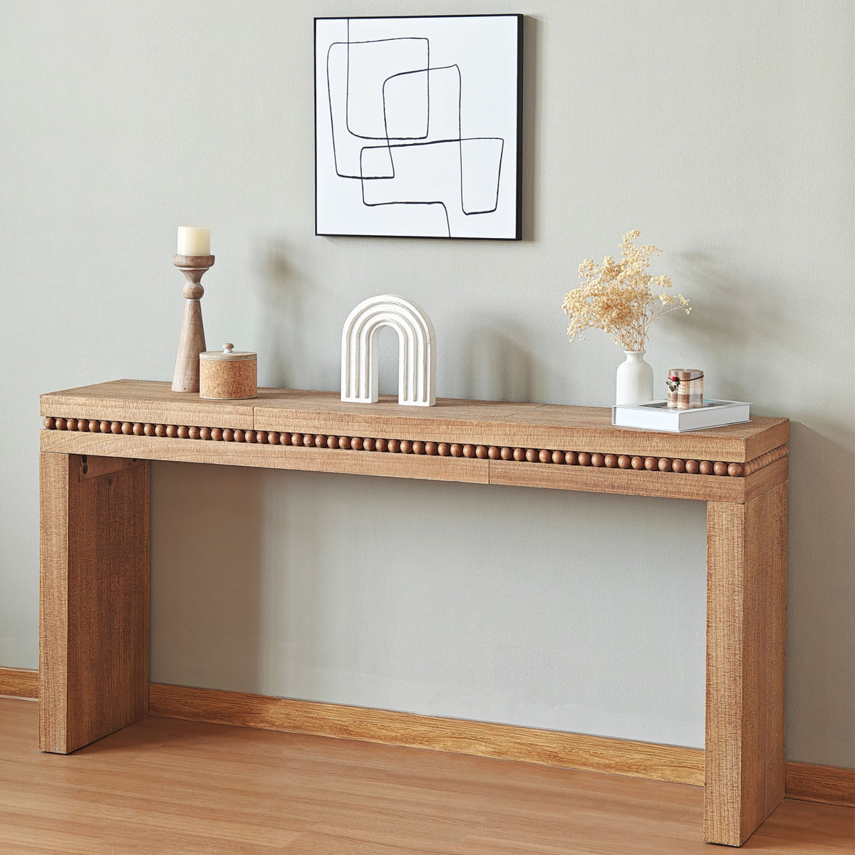 Elegant rustic beaded accent console table by Anthony & Home, perfect for living room decor with a limited edition design.