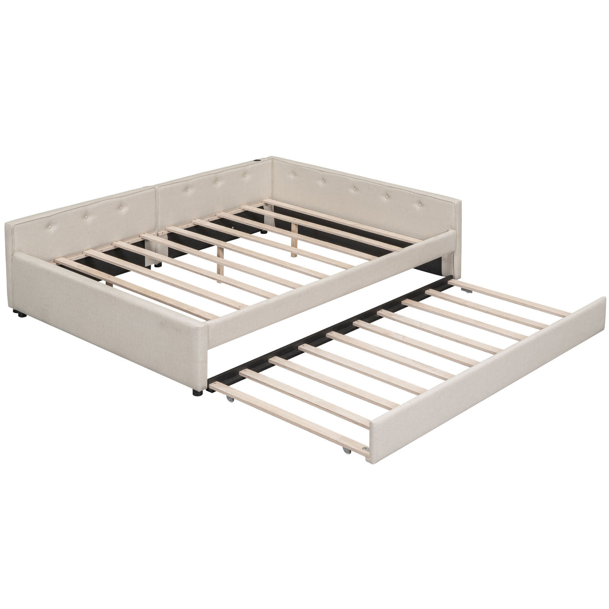 Beige linen upholstered queen platform bed with twin trundle and pine wood frame from Anthony & Home collection.