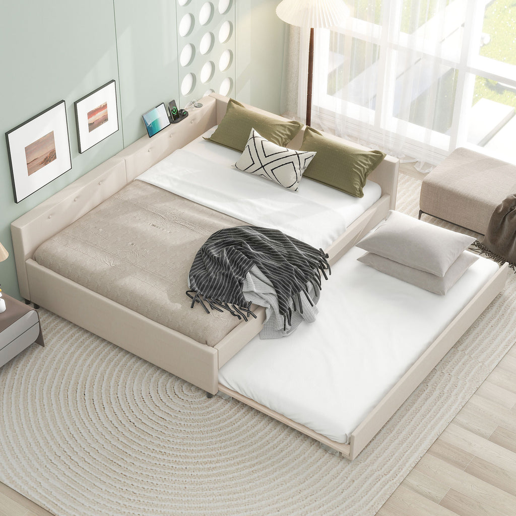 Beige linen upholstered queen platform bed with twin trundle and pine wood frame, from Anthony & Home collection.