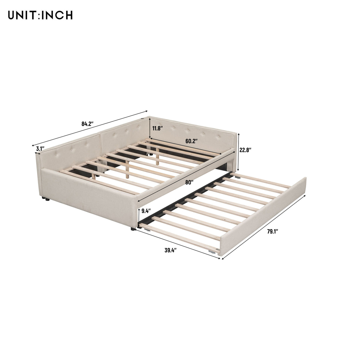 Beige linen upholstered queen platform bed with twin trundle and pine wood frame from Anthony & Home collection.