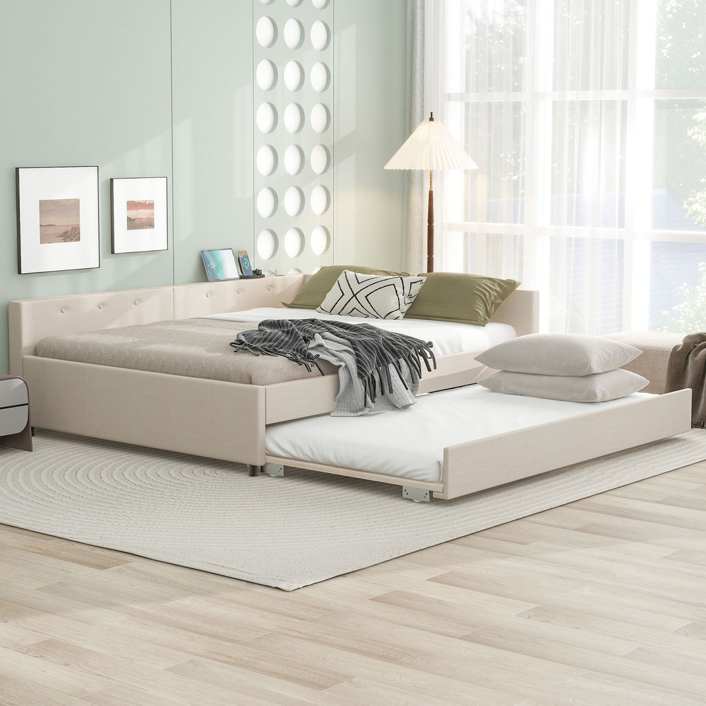 Beige linen upholstered queen platform bed with twin trundle and pine wood frame from Anthony & Home collection