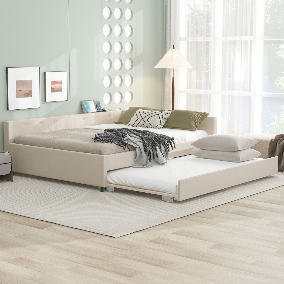 Beige linen upholstered queen platform bed with twin trundle and pine wood frame from Anthony & Home collection
