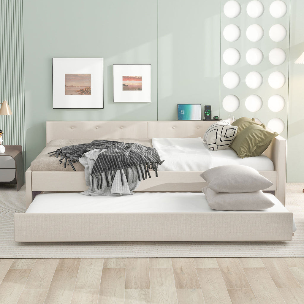 Beige linen upholstered queen platform bed with twin trundle and pine wood frame by Anthony & Home.