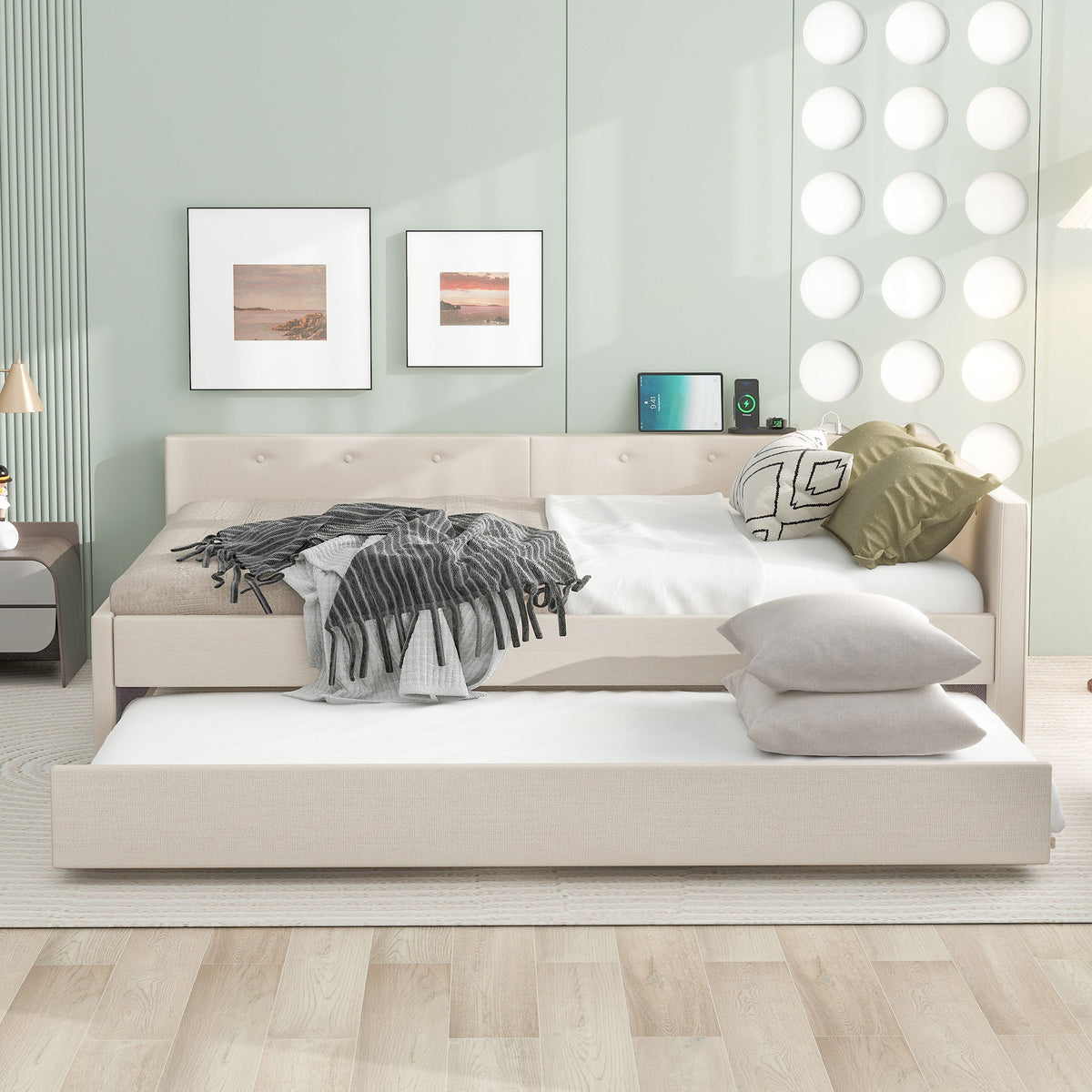 Beige linen upholstered queen platform bed with twin trundle and pine wood frame by Anthony & Home.