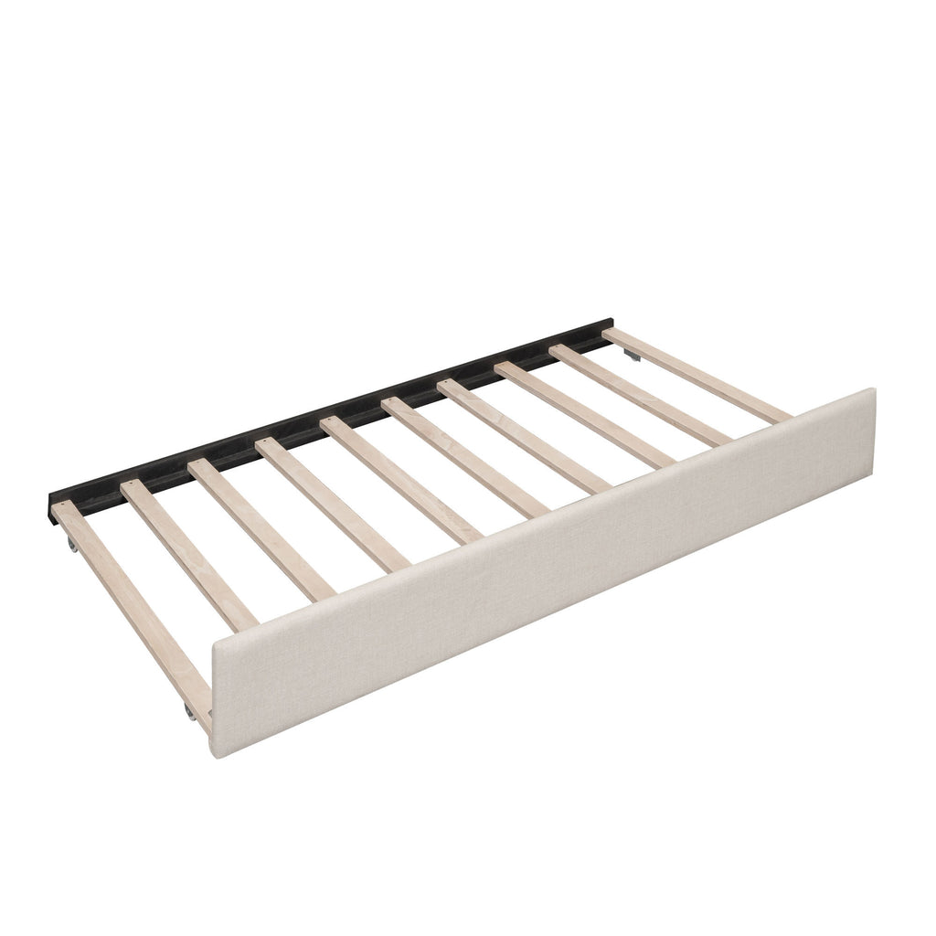 Beige linen upholstered queen platform bed with twin trundle and pine wood frame from Anthony & Home collection.