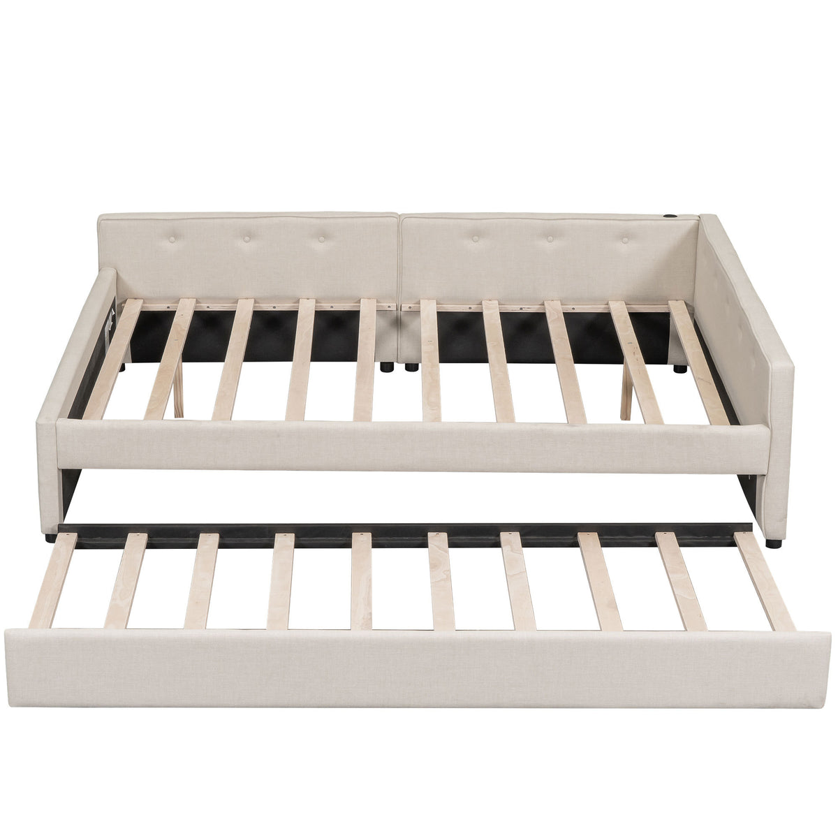 Beige linen upholstered queen platform bed with twin trundle and pine wood frame by Anthony & Home.