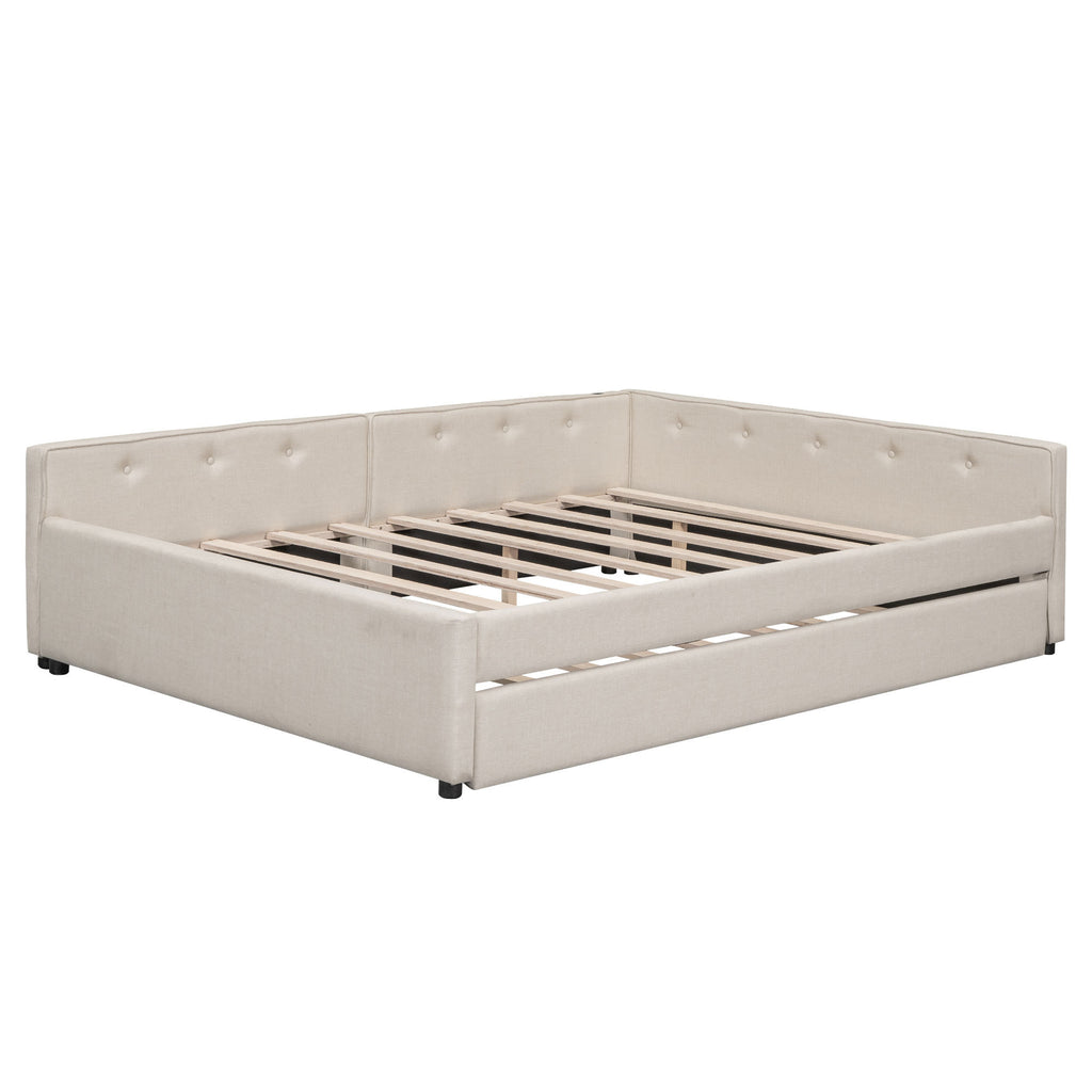 Beige linen upholstered queen platform bed with twin trundle and pine wood frame from Anthony & Home collection.